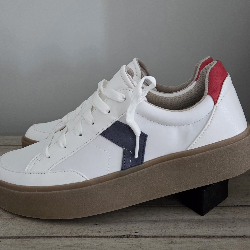 Dr.Scholl's Madison White Lace Platform Sneaker with Red Heel Accent